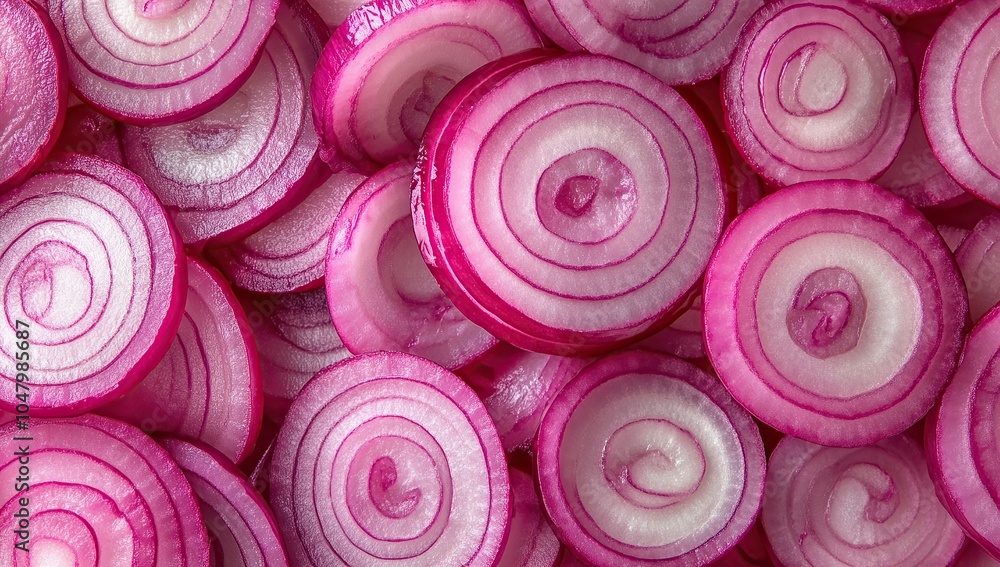 A close-up of sliced red onion, showcasing its vibrant pink color and intricate patterns in the rings A close-up of sliced red onion, showcasing its vibrant pink color and intricate patterns in the rings