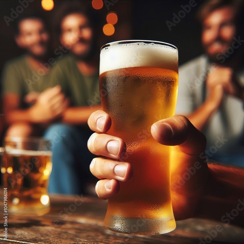 A frothy glass of golden lager held high in a toast at a lively pub photo