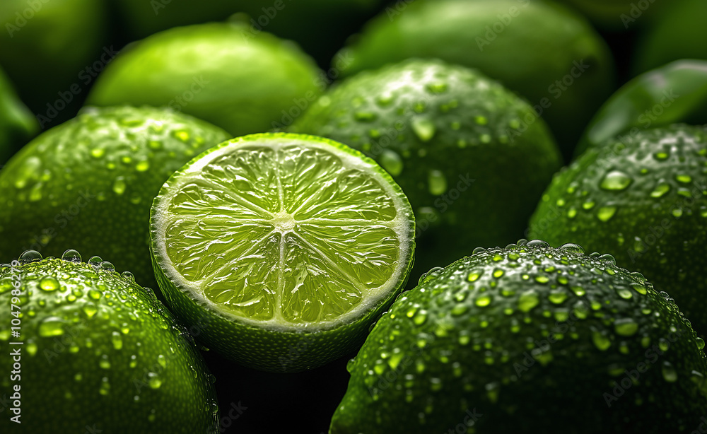a bunch of fresh green limes sprinkled with droplets of water a bunch of fresh green limes sprinkled with droplets of water