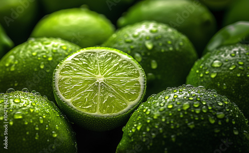 a bunch of fresh green limes sprinkled with droplets of water