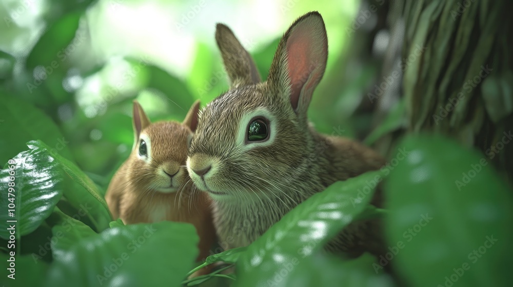 Fototapeta premium Close-up of Rabbit and Squirrel in Lush Greenery