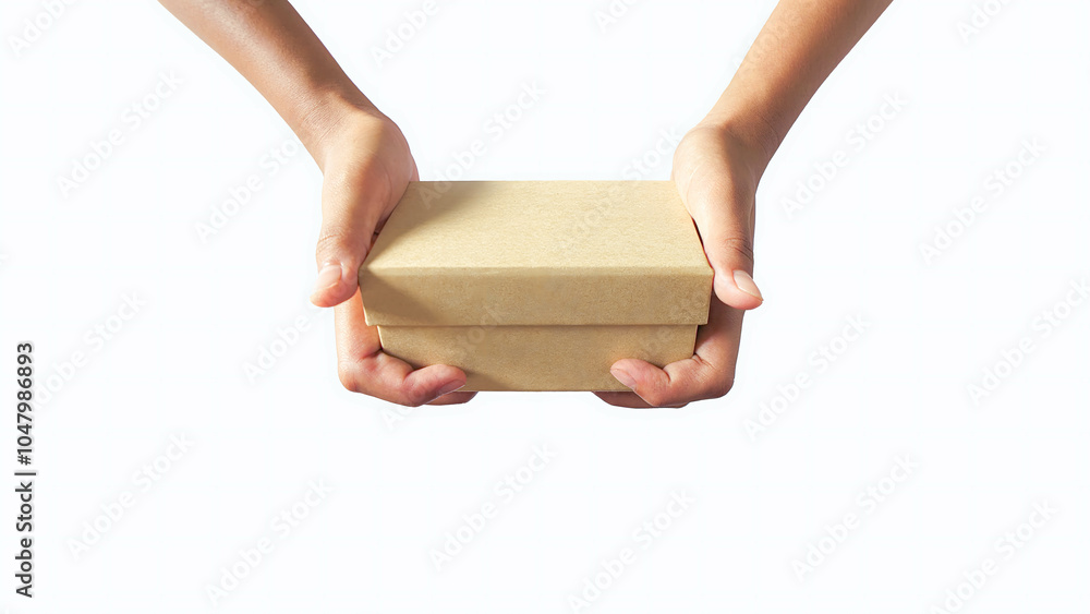 Girl's hand holding a gift box on a white background. Concept photo for Christmas celebration or other celebrations Girl's hand holding a gift box on a white background. Concept photo for Christmas celebration or other celebrations
