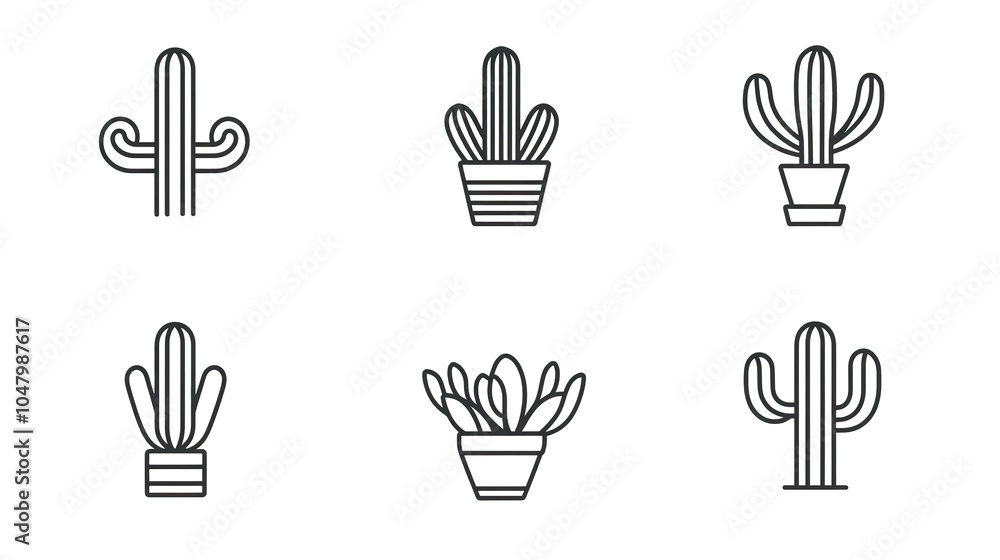 Minimalist vector icon set featuring a variety of cacti, each elegantly isolated on a clean white background. This collection showcases different types of cacti, highlighting their unique shapes Minimalist vector icon set featuring a variety of cacti, each elegantly isolated on a clean white background. This collection showcases different types of cacti, highlighting their unique shapes