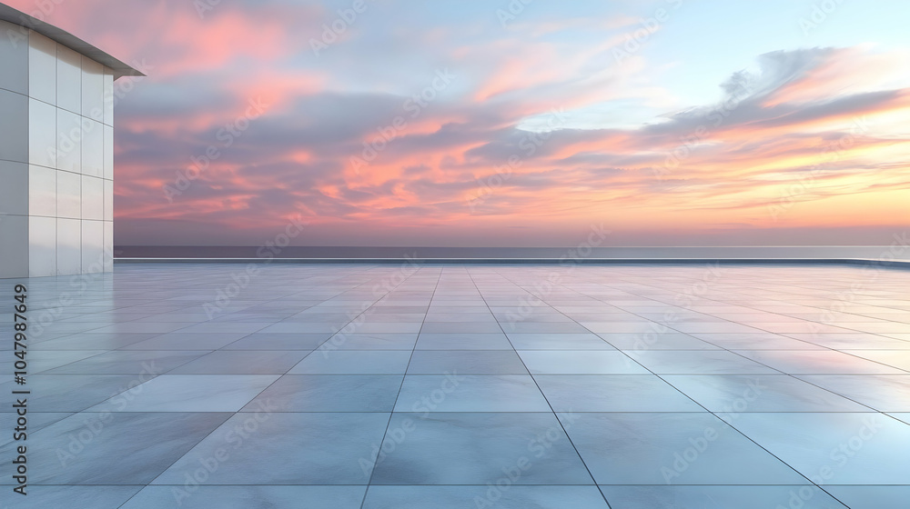 3D Rendered Rooftop Terrace With Ocean and Sunset Sky 3D Rendered Rooftop Terrace With Ocean and Sunset Sky