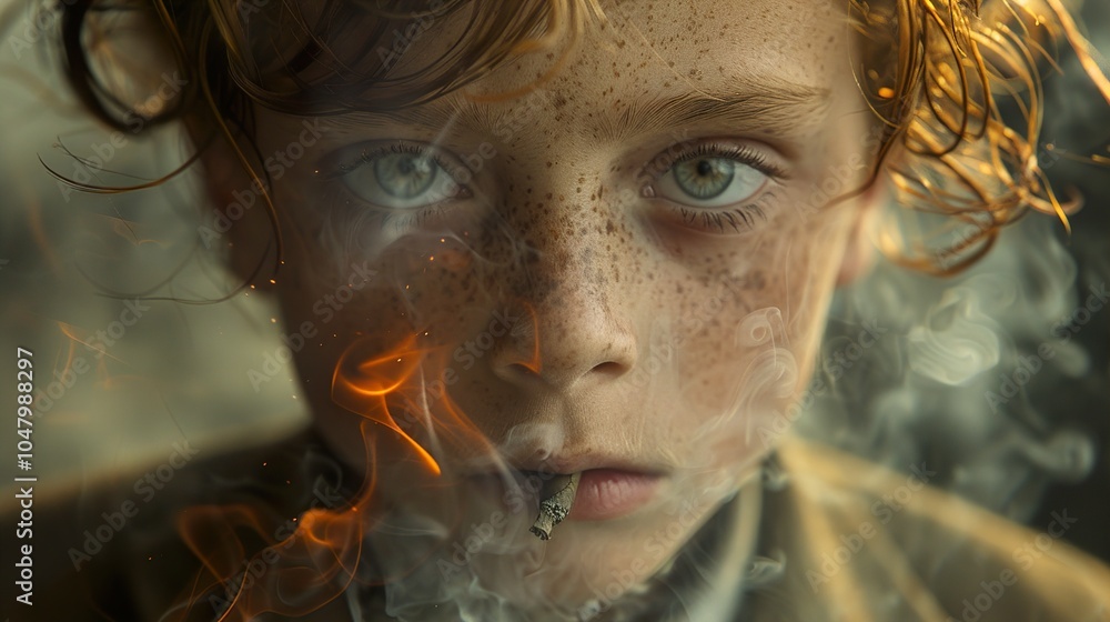 Intense Gaze: A Boy's Inner World Through Smoke and Fire Intense Gaze: A Boy's Inner World Through Smoke and Fire