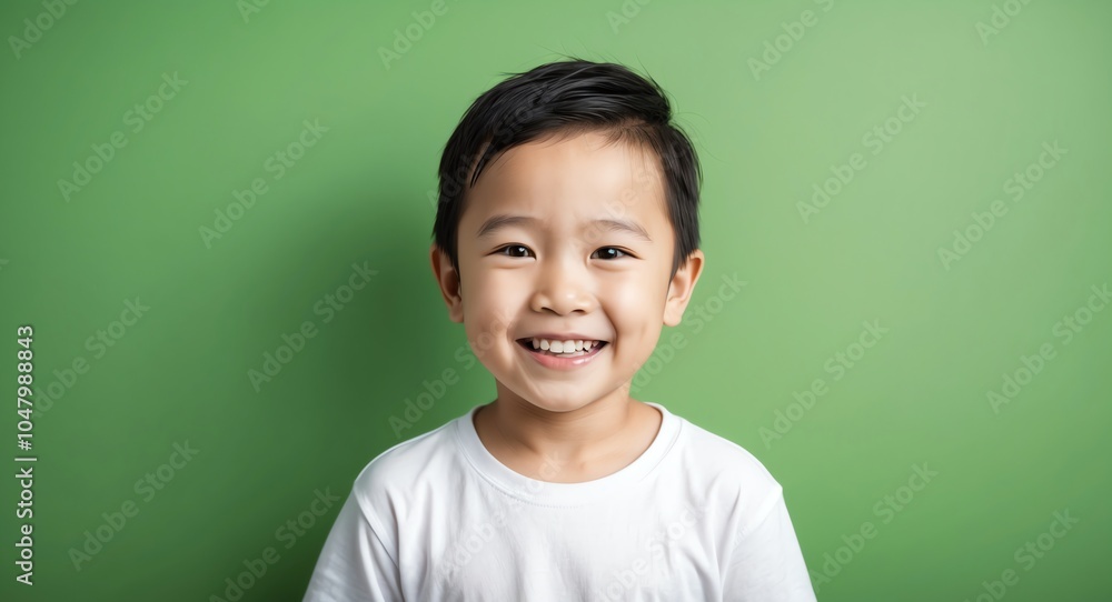 east asian kid boy green background wearing plain white tshirt smiling happy portrait east asian kid boy green background wearing plain white tshirt smiling happy portrait