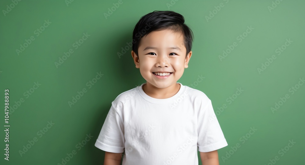 east asian kid boy green background wearing plain white tshirt smiling happy portrait east asian kid boy green background wearing plain white tshirt smiling happy portrait