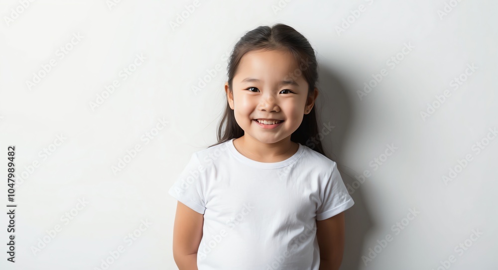 east asian kid girl white background wearing plain white tshirt smiling happy portrait east asian kid girl white background wearing plain white tshirt smiling happy portrait