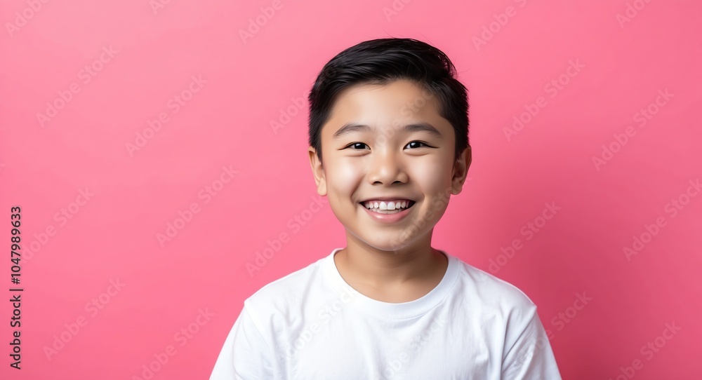east asian teen boy pink background wearing plain white tshirt smiling happy portrait east asian teen boy pink background wearing plain white tshirt smiling happy portrait