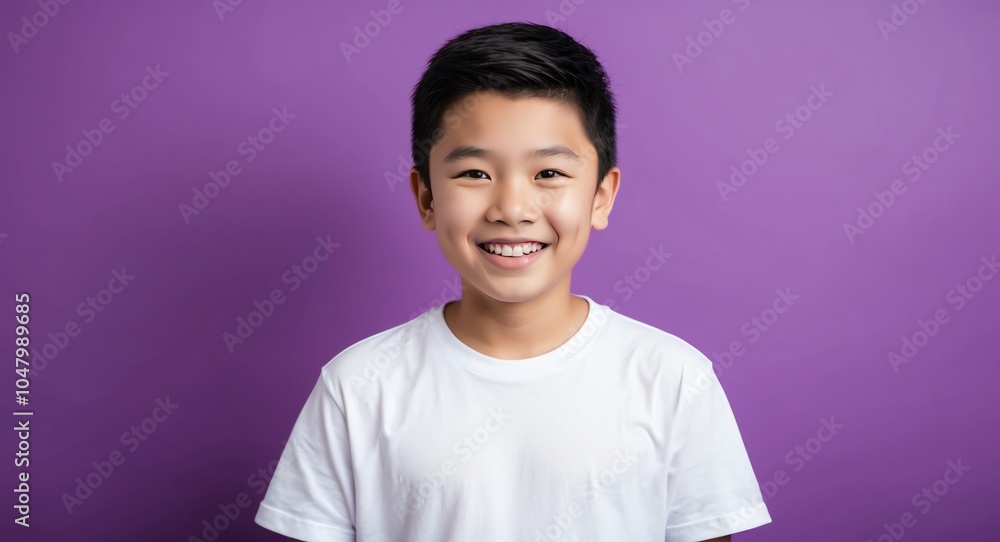 east asian teen boy purple background wearing plain white tshirt ...