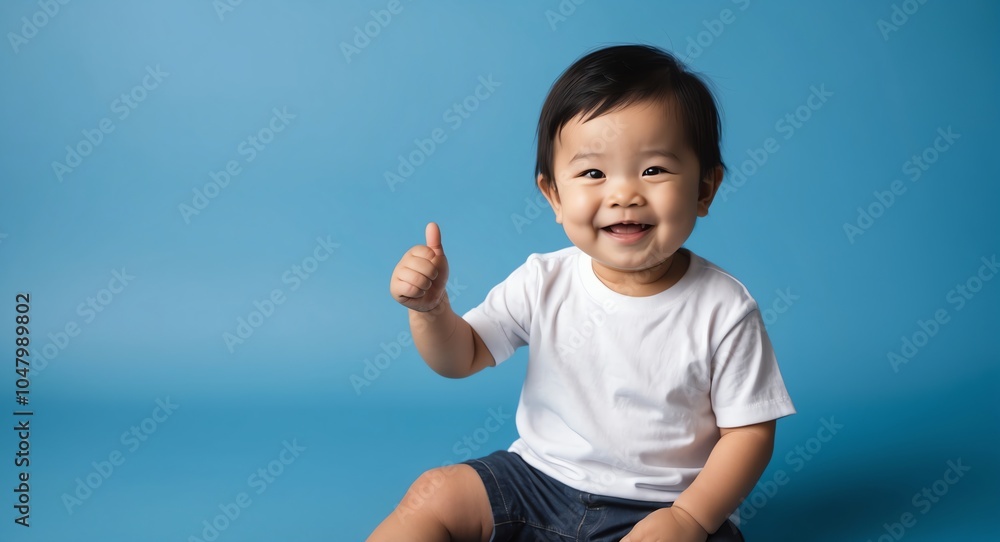 east asian toddler boy blue background wearing plain white tshirt smiling happy portrait east asian toddler boy blue background wearing plain white tshirt smiling happy portrait