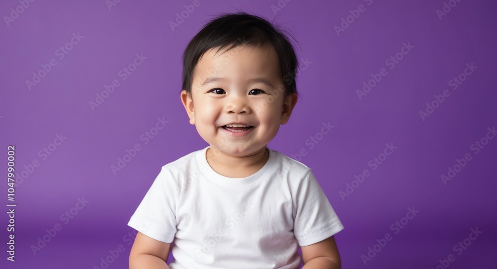 east asian toddler boy purple background wearing plain white tshirt smiling happy portrait east asian toddler boy purple background wearing plain white tshirt smiling happy portrait
