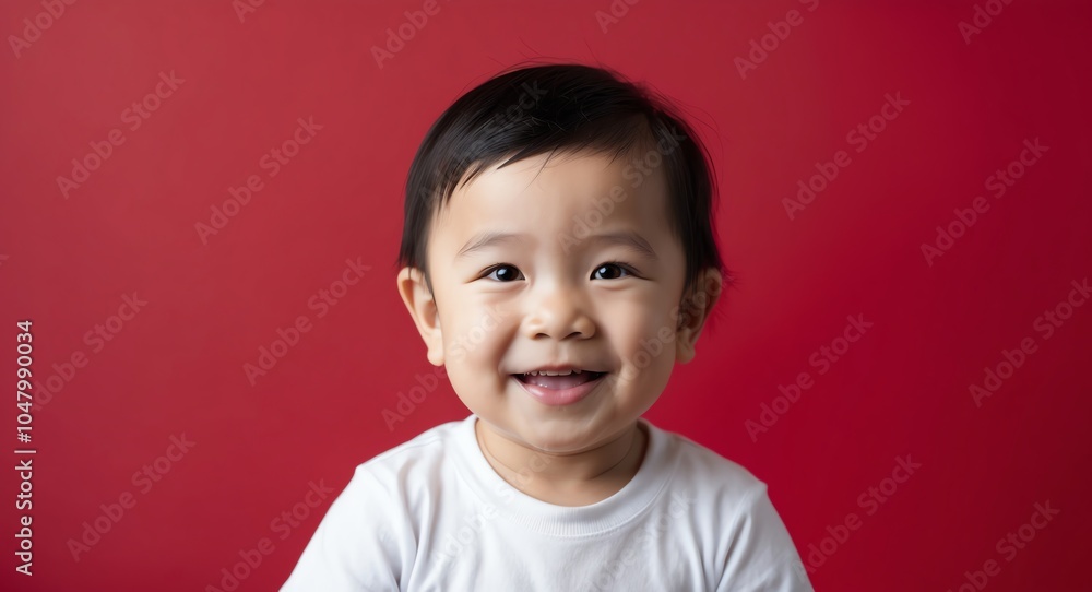 east asian toddler boy red background wearing plain white tshirt smiling happy portrait east asian toddler boy red background wearing plain white tshirt smiling happy portrait