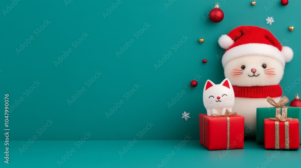 Fototapeta premium Cute Cat Snowman Christmas Holiday Gifts Teal Background