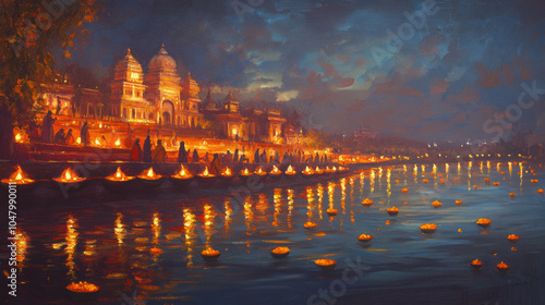 Dev Diwali, thousands of diya lamps lit along the river banks decorated with marigold flowers, Ai generated images