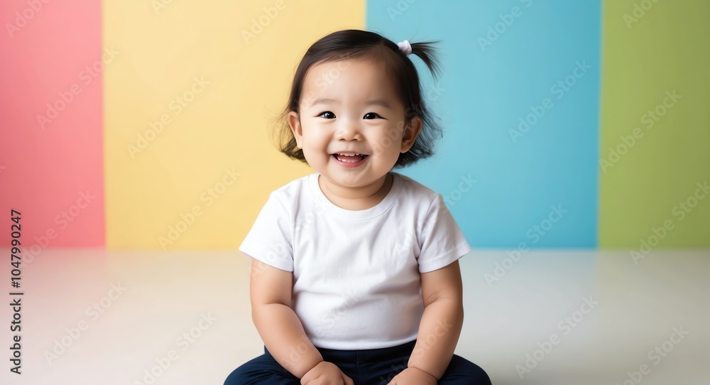 east asian toddler girl colorful background wearing plain white tshirt smiling happy portrait east asian toddler girl colorful background wearing plain white tshirt smiling happy portrait