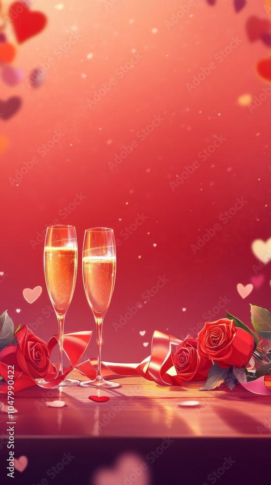 Illustration a red background with roses, ribbons, locate on table with champage glass for a Valentine's Day celebration Illustration a red background with roses, ribbons, locate on table with champage glass for a Valentine's Day celebration