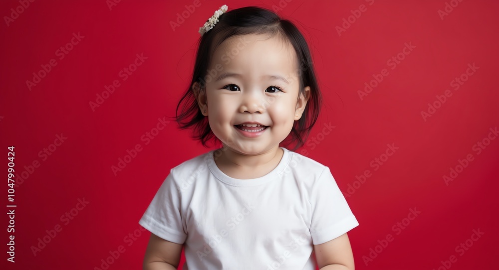 east asian toddler girl red background wearing plain white tshirt smiling happy portrait east asian toddler girl red background wearing plain white tshirt smiling happy portrait