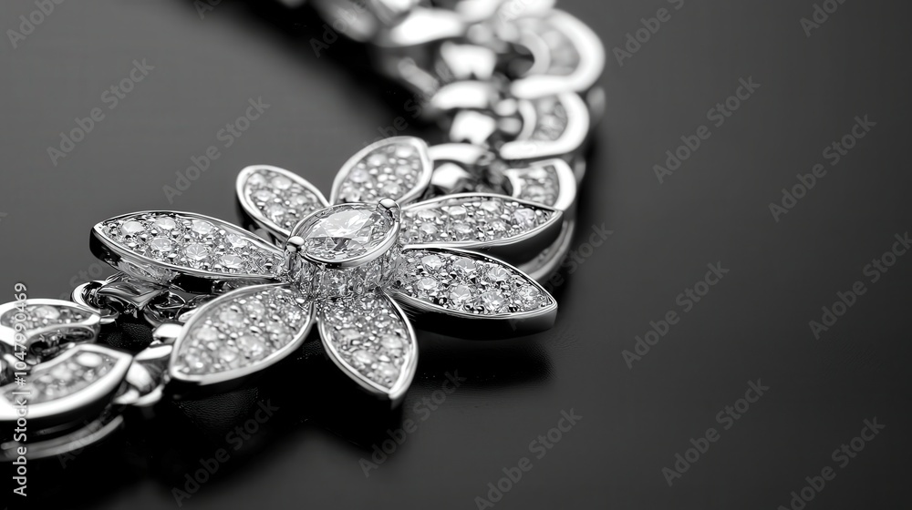 Elegant Silver Flower Bracelet Adorned with Sparkling Diamonds on Black Background Elegant Silver Flower Bracelet Adorned with Sparkling Diamonds on Black Background