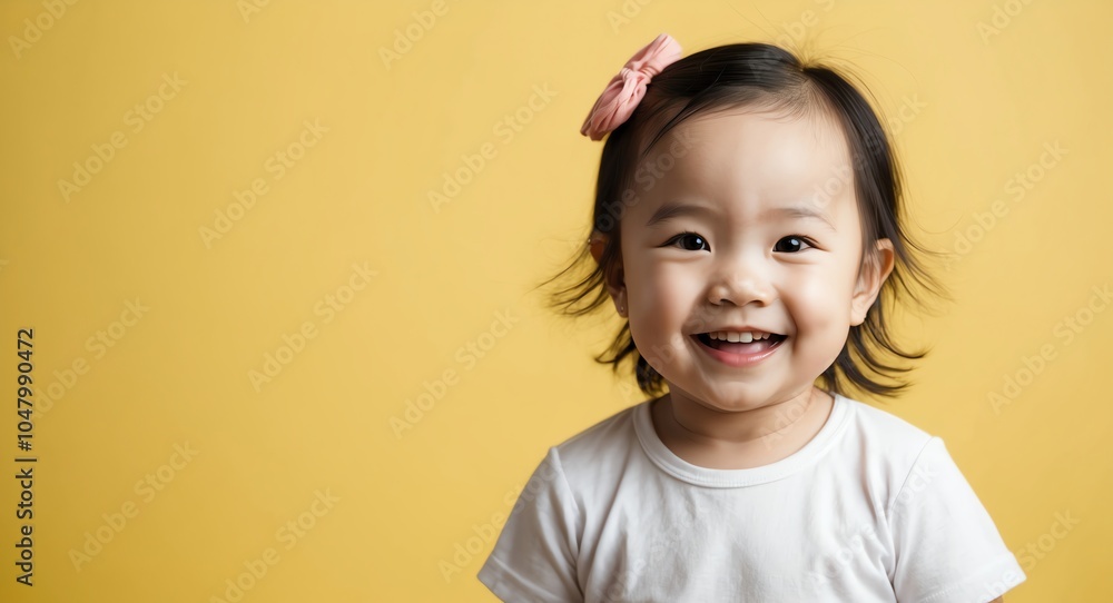 east asian toddler girl yellow background wearing plain white tshirt smiling happy portrait east asian toddler girl yellow background wearing plain white tshirt smiling happy portrait