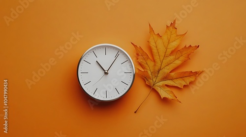 Wallpaper Mural A white clock face with black hands on a silver case with a dried orange leaf on an orange background. Torontodigital.ca