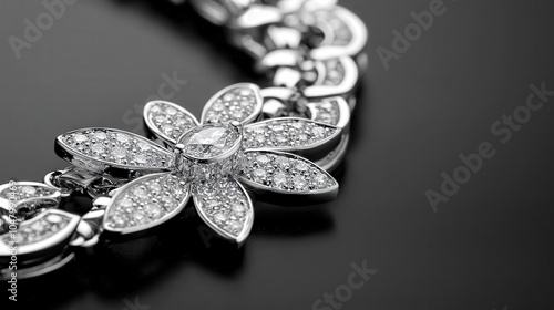 Elegant Silver Flower Bracelet Adorned with Sparkling Diamonds on Black Background