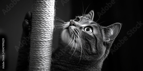 a cat is looking up at a rope photo