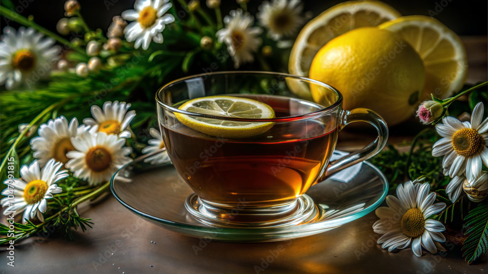 Glass cup of lemon tea garnished with lemon slices, surrounded by fresh daisies and lemons, vibrant and inviting setting Glass cup of lemon tea garnished with lemon slices, surrounded by fresh daisies and lemons, vibrant and inviting setting