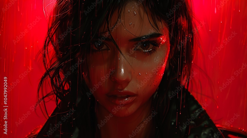 Intense Gaze: Woman in Red Rain Intense Gaze: Woman in Red Rain