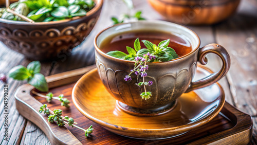 Decorative ceramic cup of herbal tea with fresh mint and herbs, rustic setting with wooden textures, inviting ambiance