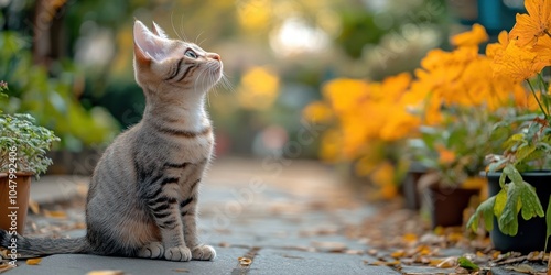 a kitten sitting on the ground looking up