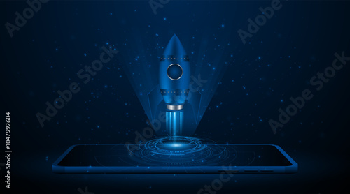 Launch a rocket into space set on a tablet or smartphone. Ideas for starting a startup business. The growth or success of the company.  Digital technology development project
