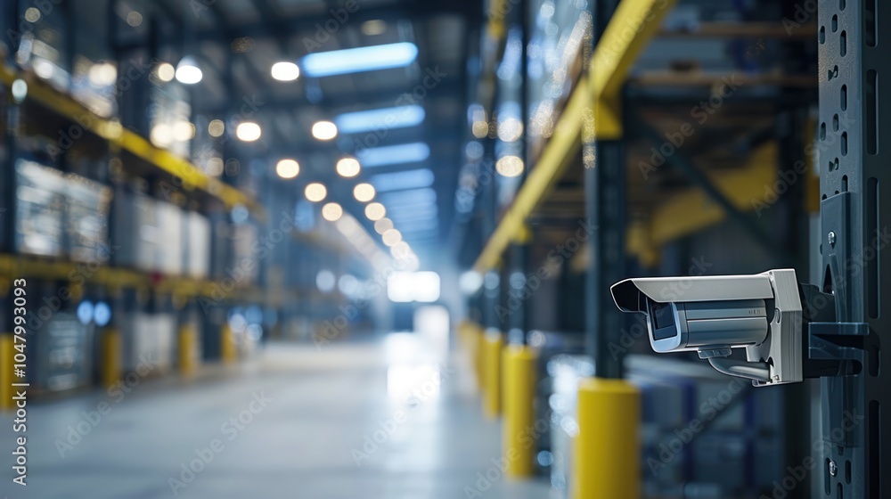 Obraz premium Security Camera Mounted in a Large Warehouse