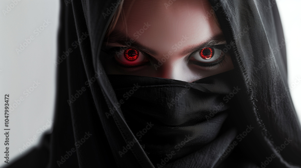 Intense close-up portrait of a mysterious figure with red glowing eyes, partially veiled in black fabric Intense close-up portrait of a mysterious figure with red glowing eyes, partially veiled in black fabric