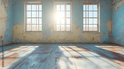 Wallpaper Mural Sunlit Room with Peeling Paint and Wooden Floor 3D Illustration Torontodigital.ca