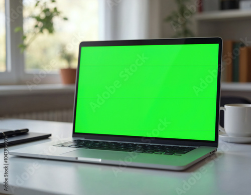 Wallpaper Mural laptop on table with green screen Torontodigital.ca