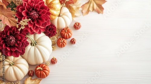 Autumn floral pumpkin arrangement for cozy background concept. A vibrant autumn-themed arrangement