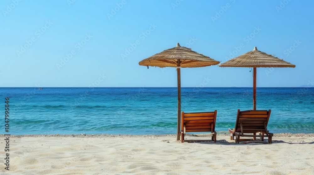 Two lounge chairs sit beneath parasol umbrellas on a sunlit sandy beach, surrounded by the calming blue sea and clear sky. Generative AI Two lounge chairs sit beneath parasol umbrellas on a sunlit sandy beach, surrounded by the calming blue sea and clear sky. Generative AI