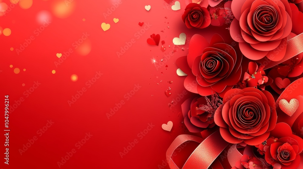 paper cut style of A red background with roses, ribbons, locate on table with blurr heart bokeh background for a Valentine's Day celebration paper cut style of A red background with roses, ribbons, locate on table with blurr heart bokeh background for a Valentine's Day celebration