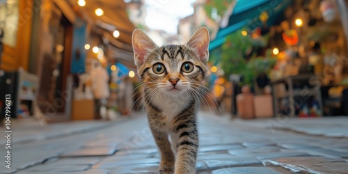 Fototapeta Naklejka Na Ścianę i Meble -  a small kitten walking down a street in a city