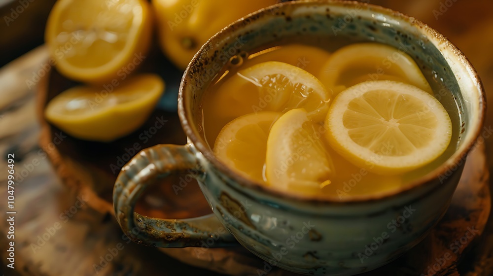 Warm ginger lemon juice linked by lemon slices in an attractive drinking cup Warm ginger lemon juice linked by lemon slices in an attractive drinking cup