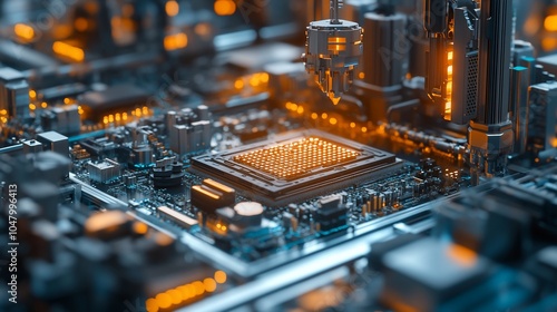 A close-up view of a computer chip on a circuit board with a robotic arm in the background.