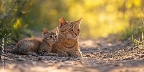 a cat and a kitten laying on the ground photo