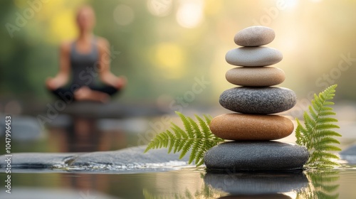 stack of stones with wowen doing yoga concentration on the morning at the river.	 photo