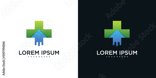 Health symbol medical logo cross sign design with arrow icon. Premium Vector