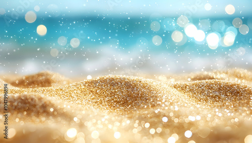 Golden sand-blue sea with bokeh, ample space for summer text. photo