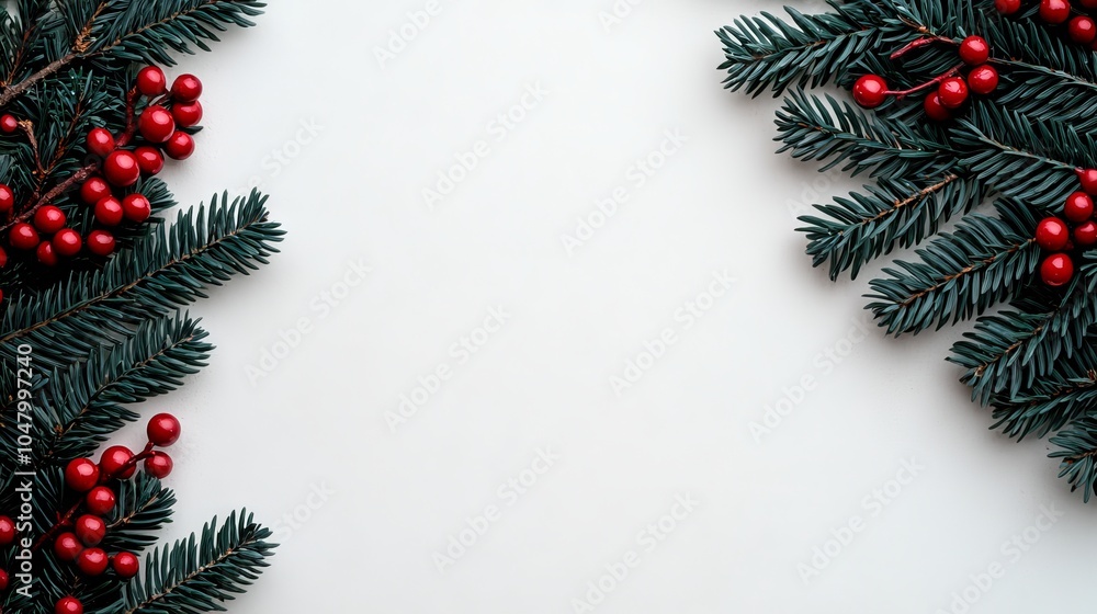 Festive Christmas Frame with Evergreen Branches and Red Berries Festive Christmas Frame with Evergreen Branches and Red Berries