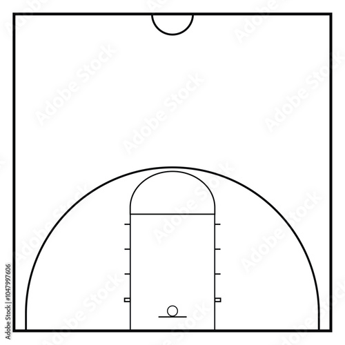 Half basketball court, buttom view with black outline, white backround. Vektor illustration