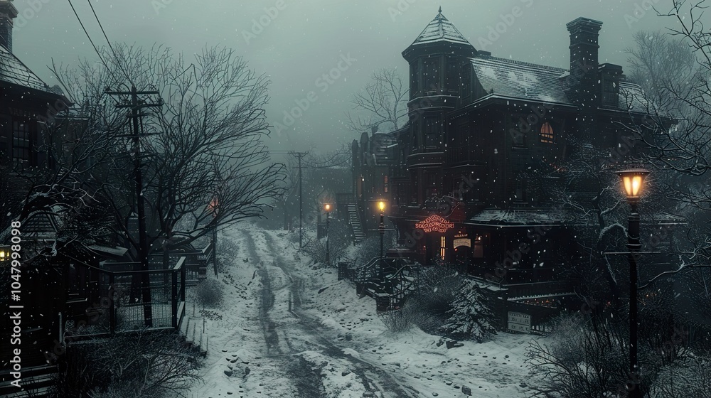 Snowy Street in a Quaint Town at Night Snowy Street in a Quaint Town at Night