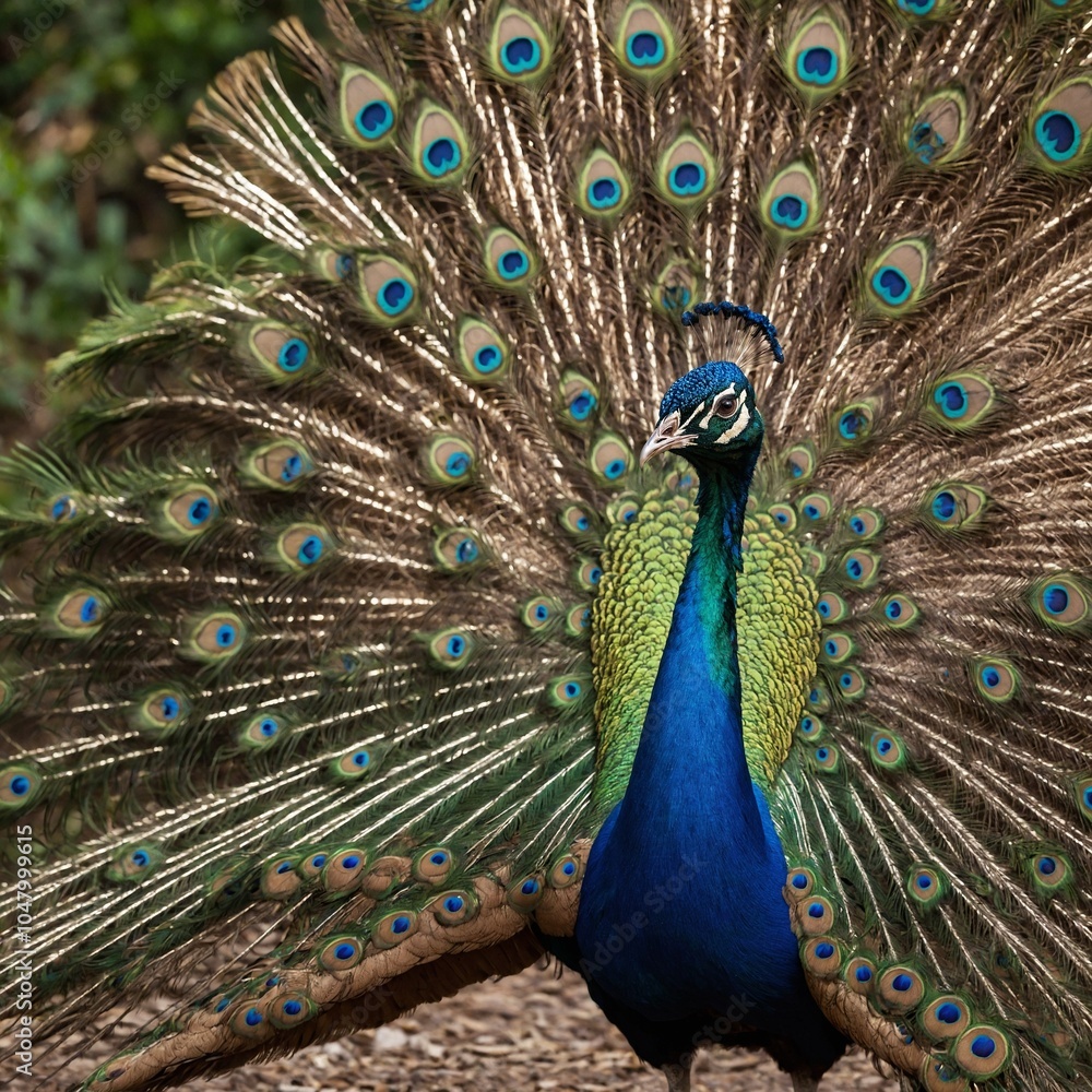 Fototapeta premium A regal peacock with its tail feathers fanned out in vibrant colors.